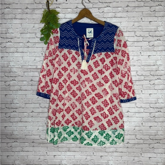 Anthropologie Mermaid Red and Blue Lightweight Beachy Kaftan Tunic - Picture 1 of 5